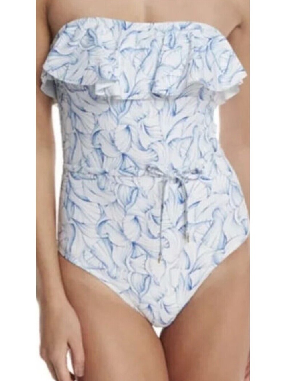 TORY BURCH Swimsuit Sapri ruffle one-piece XS White Blue Floral Leaf Pattern
